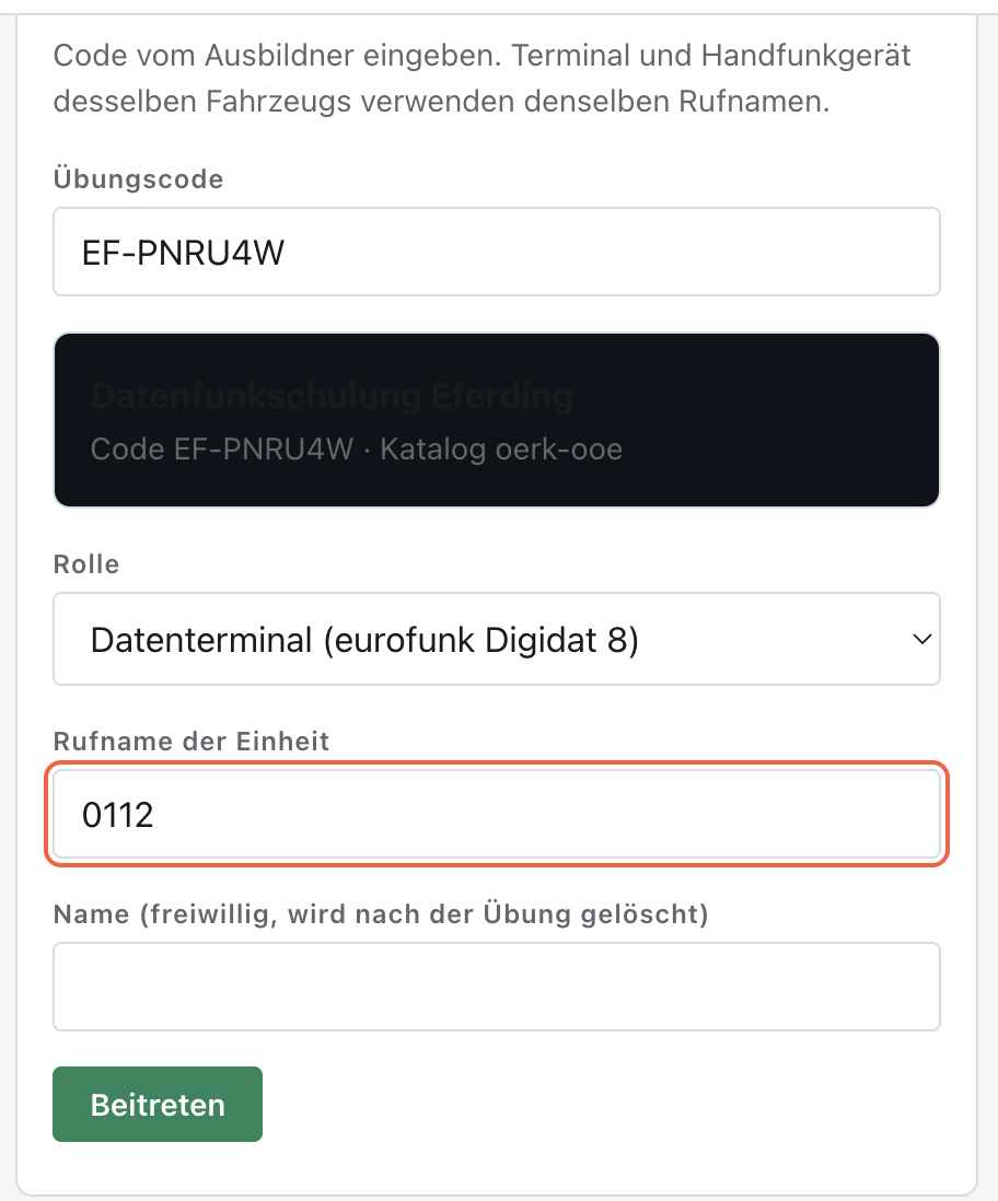 Auswahl von Rolle und Rufname